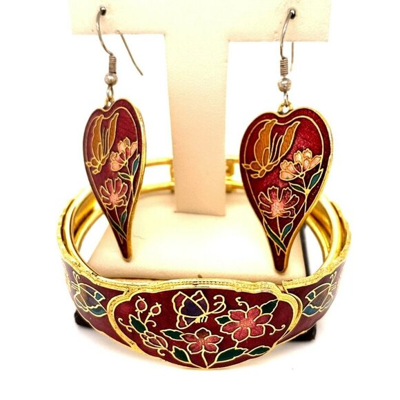 VTG Estate Cloisonné‎ Clamper Butterfly Bracelet w/ Pierced Dangle Earrings! 127 - Picture 1 of 7